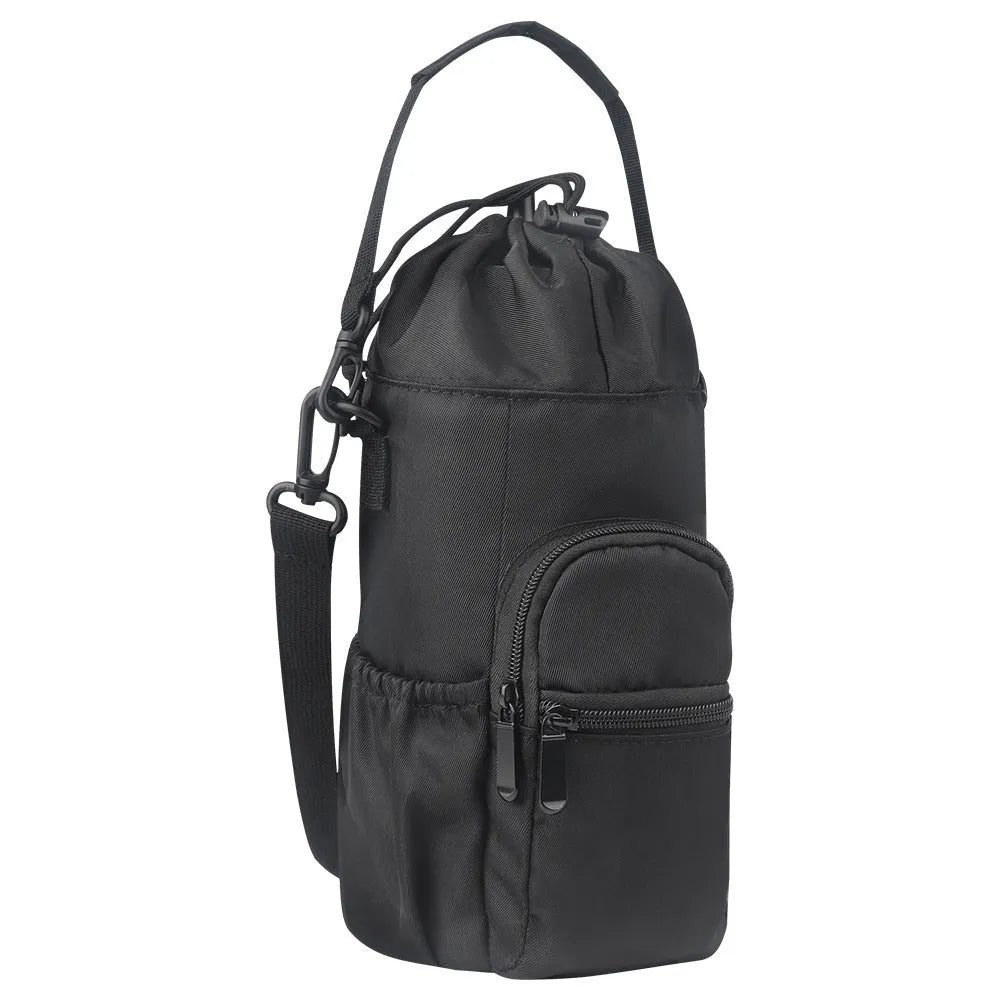 Canvas water bottle shoulder bag with crossbody strap in black, green, and pink colour options.