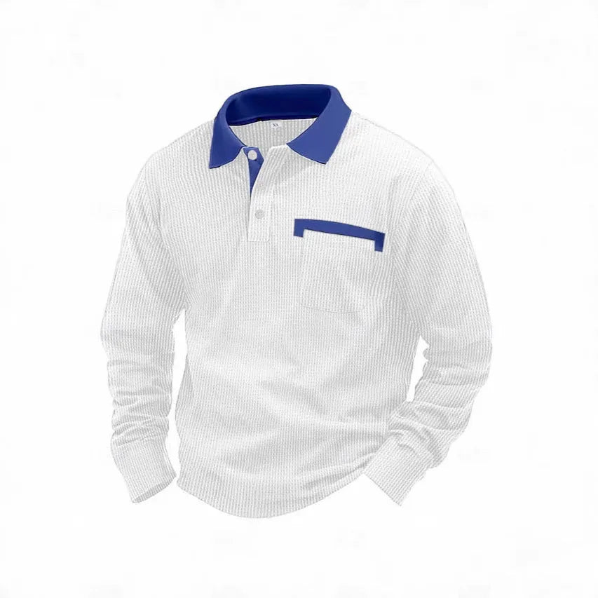 Man wearing a long-sleeve waffle-texture polo shirt in a loose retro fit, showing asymmetric design detail.