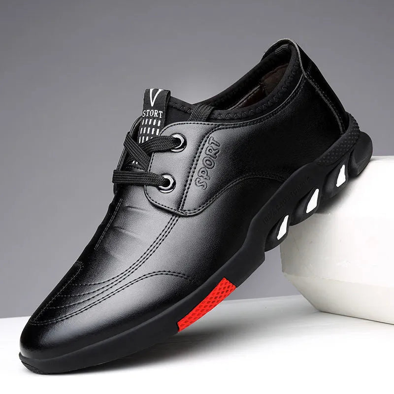 Men's black and brown PU leather business casual shoes with flat heel