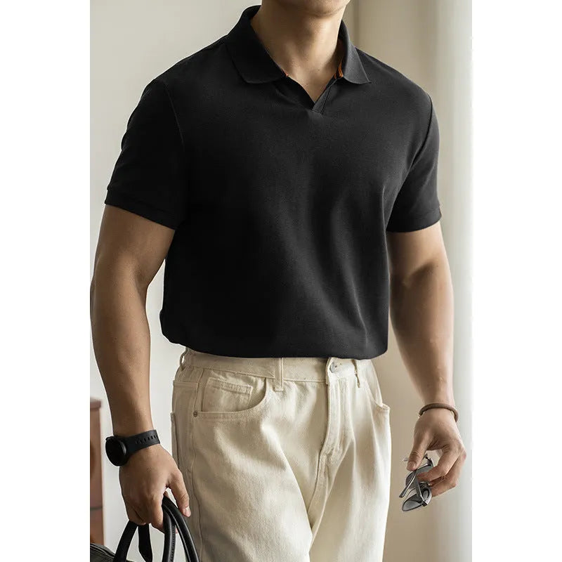 American-style short-sleeve polo shirt in blue, black, or white cotton-polyester blend.