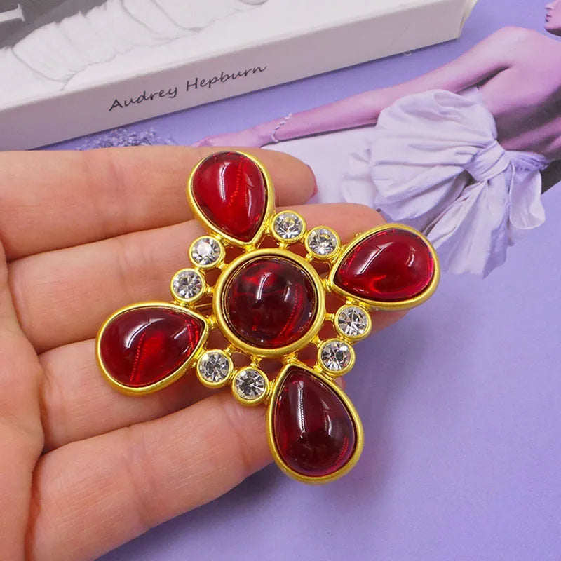 Medieval baroque cross crystal brooch in zinc alloy with antique styling