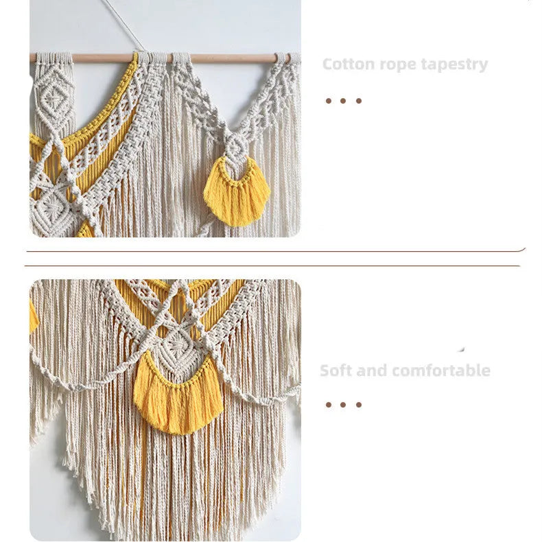Nordic style creamy-white cotton tapestry with hand-woven yellow accents, rectangular shape 120x95cm