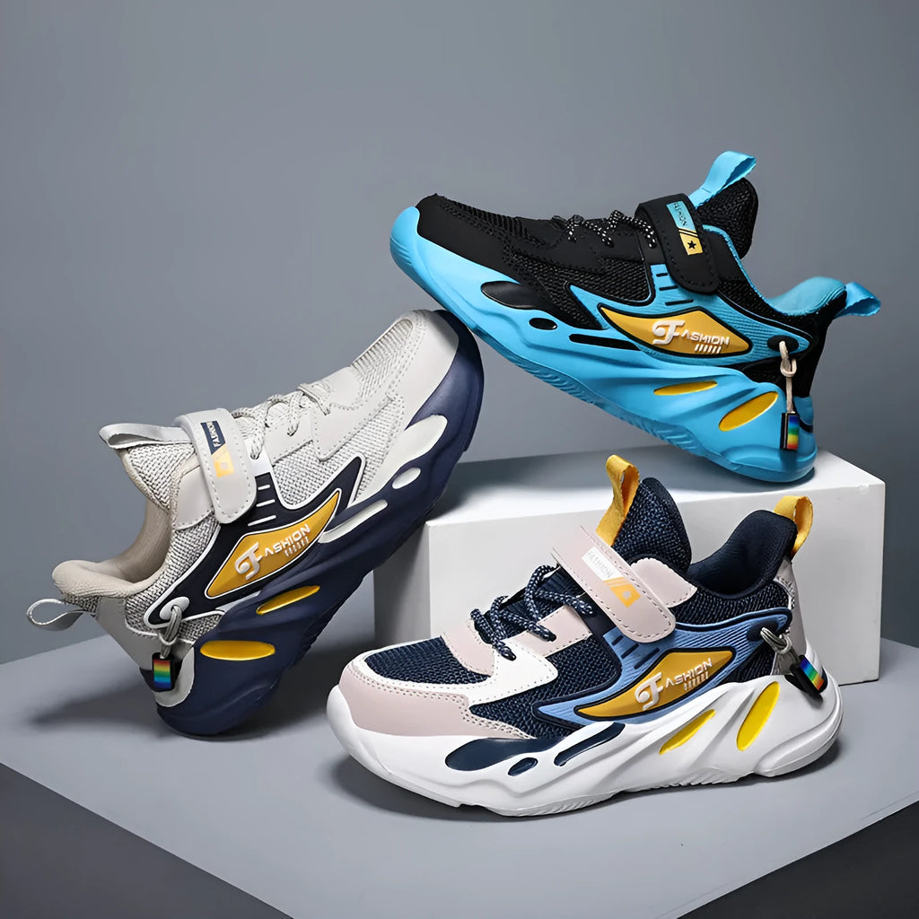 Boys' dark blue and black sports running shoes with velcro strap and mesh upper.