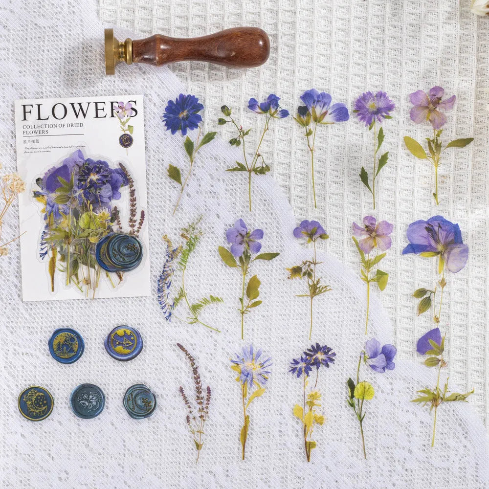 70mm square PET dried flower journal stickers showing eight colour themes including dark night purple and rose nebula
