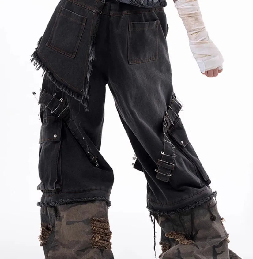 Men's grey cotton denim jeans with camouflage splicing pattern and ribbon detailing