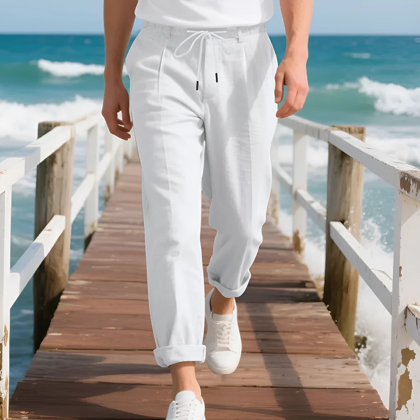 Men's linen casual trousers in straight leg style with drawstring waist in light khaki colour