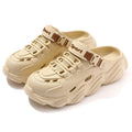 Men's khaki outdoor slippers with hollow out design and EVA soles showing non-slip pattern