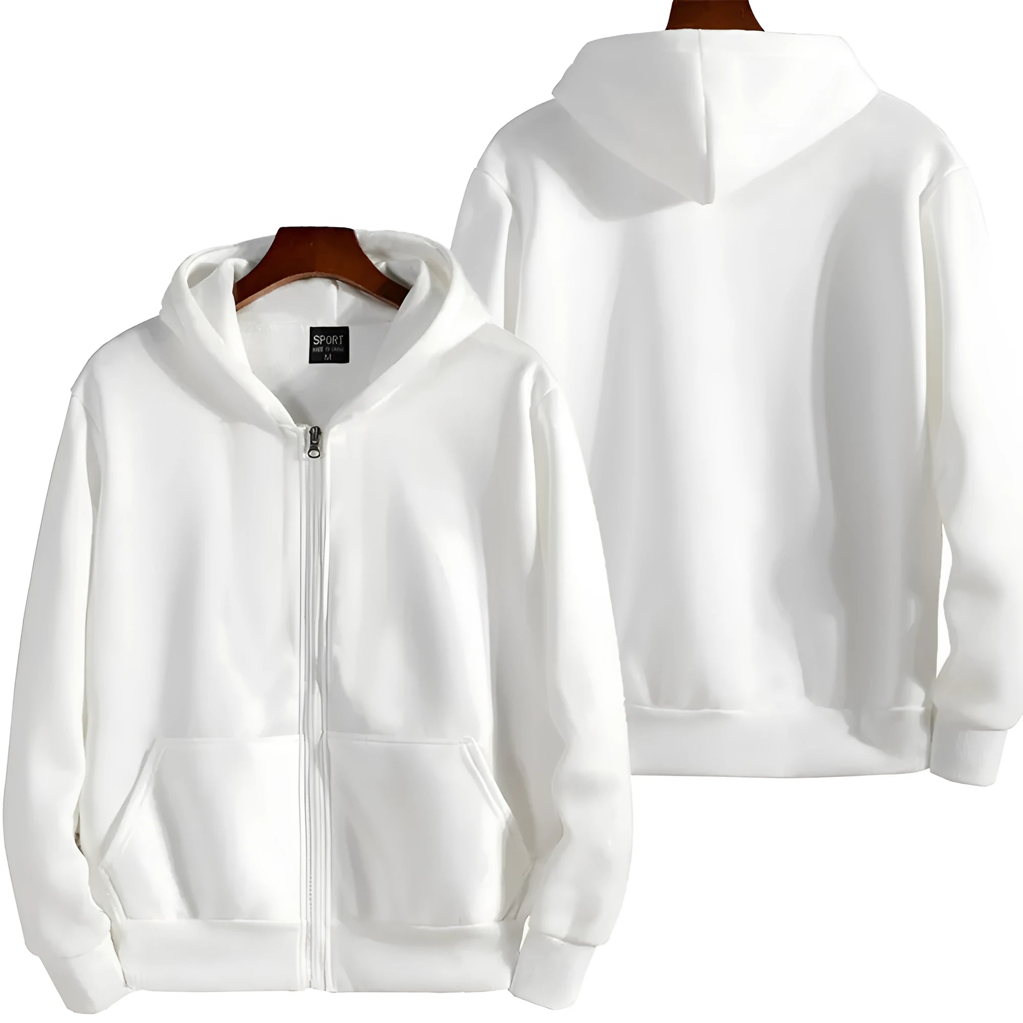 Men's solid colour loose fit zip-front sports jacket on a hanger.