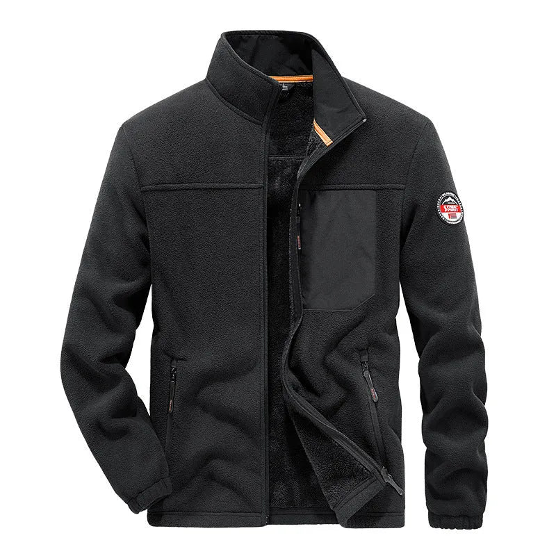 Men's grey fleece cardigan jacket with zipper pockets and regular length cut