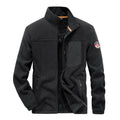 Men's grey fleece cardigan jacket with zipper pockets and regular length cut