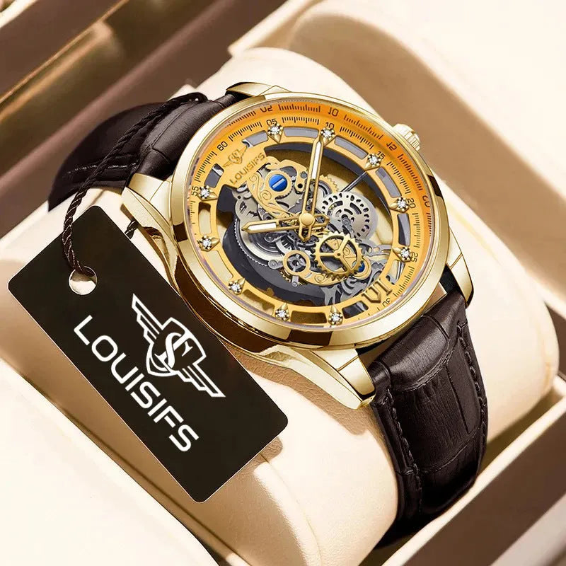 Men's Swiss quartz watch with gold or silver shell and brown or black strap.