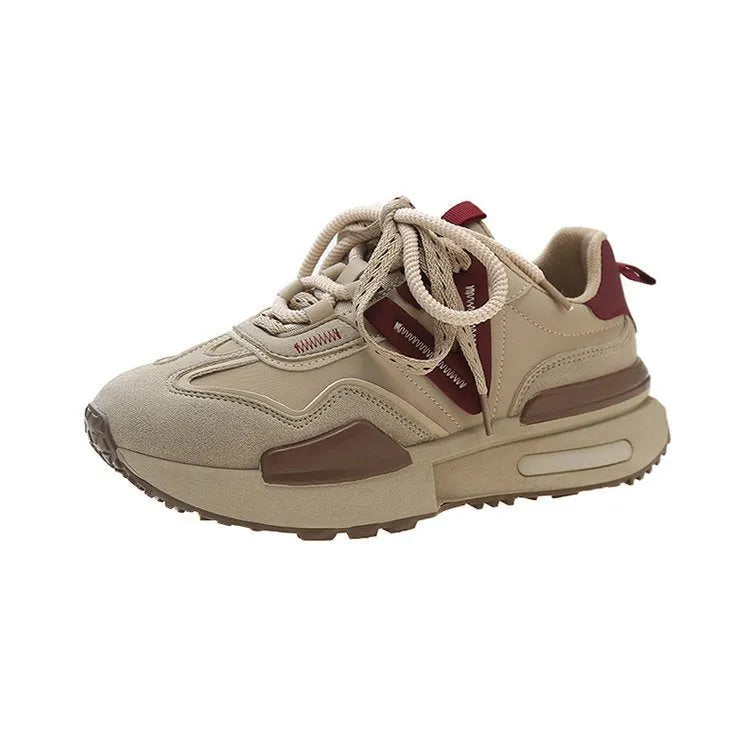 Women's black and khaki red retro platform sports shoes with round toe and lace-up front.