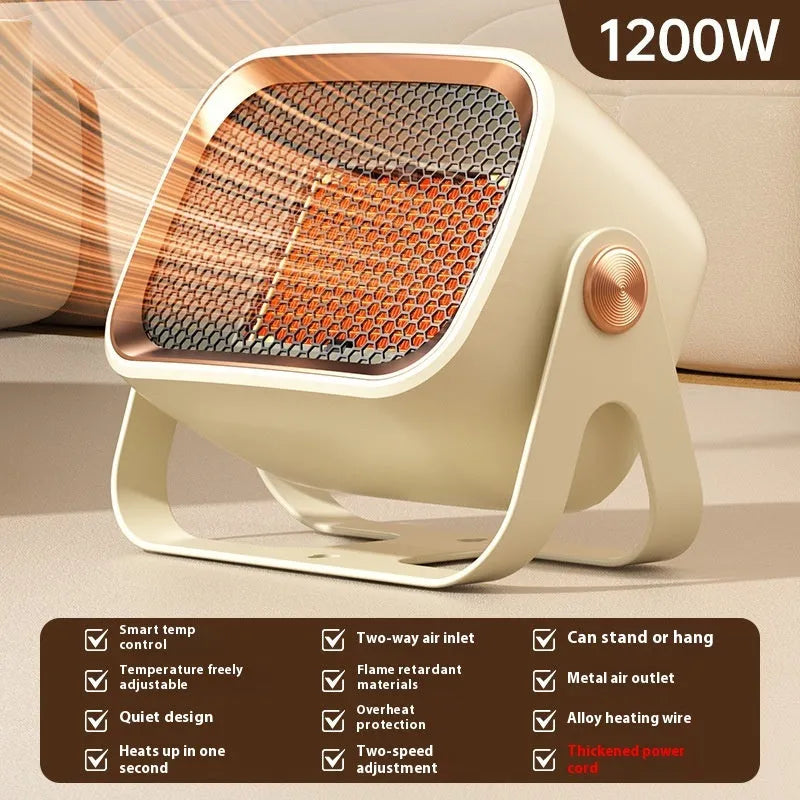 Compact white desktop ceramic heater with control buttons, shown on a wooden desk.