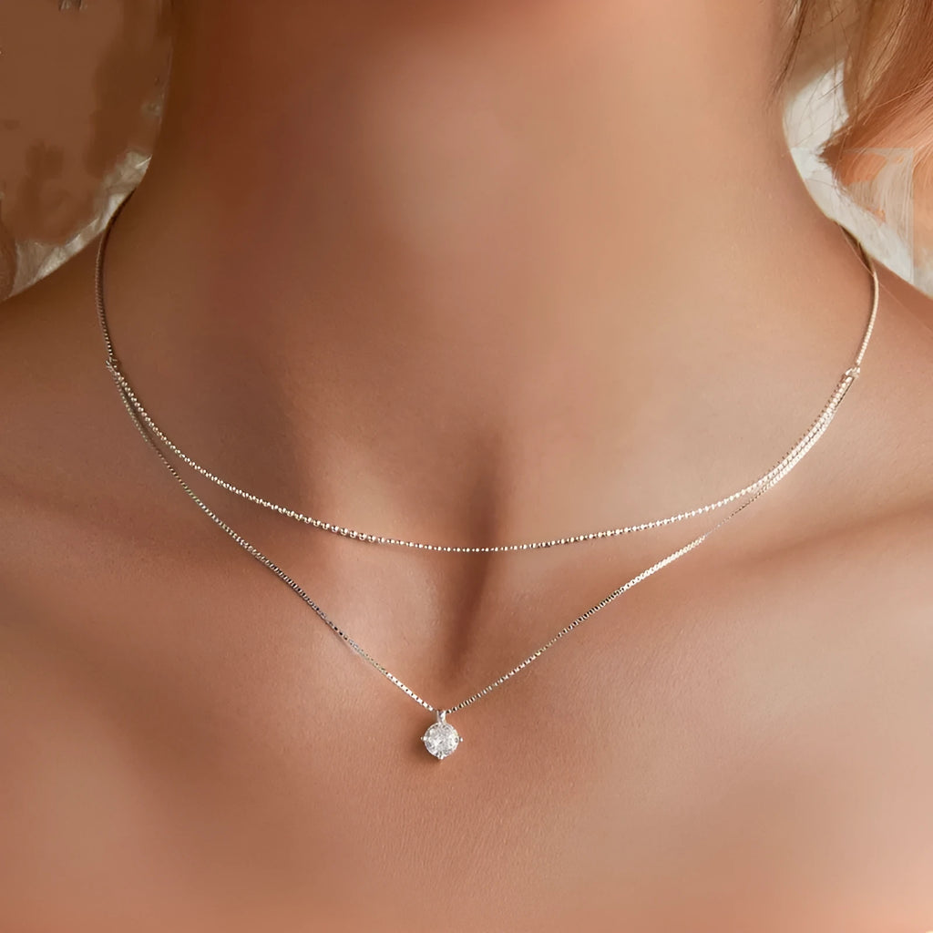 S925 sterling silver double-layer necklace with pearl chain and alloy pendant in silver colour