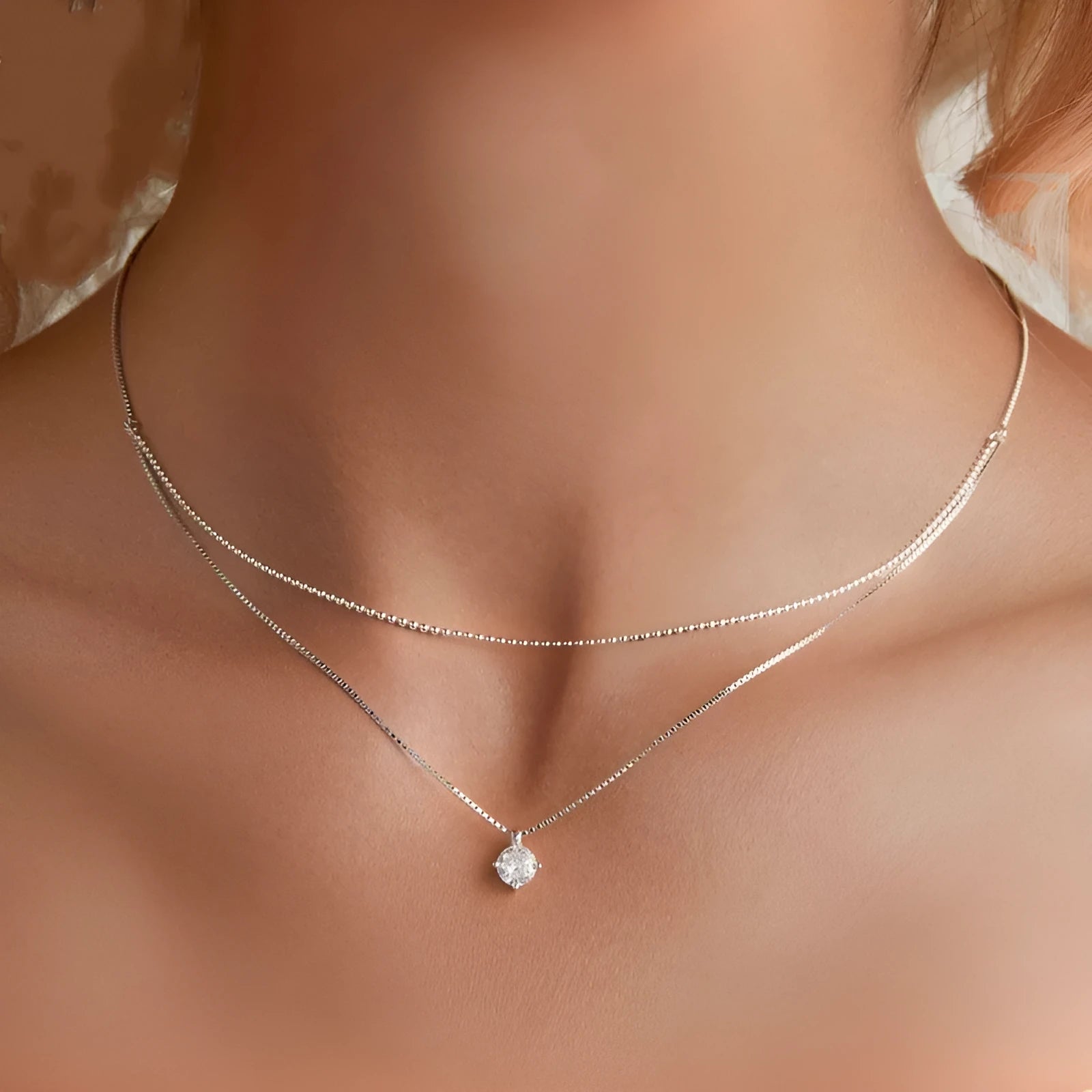 S925 sterling silver double-layer necklace with pearl chain and alloy pendant in silver colour