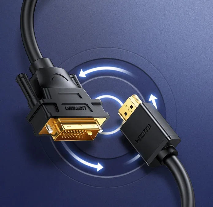 HDMI to HDMI cable adapter on a desk next to a laptop, showing length options from 1 to 3 metres.
