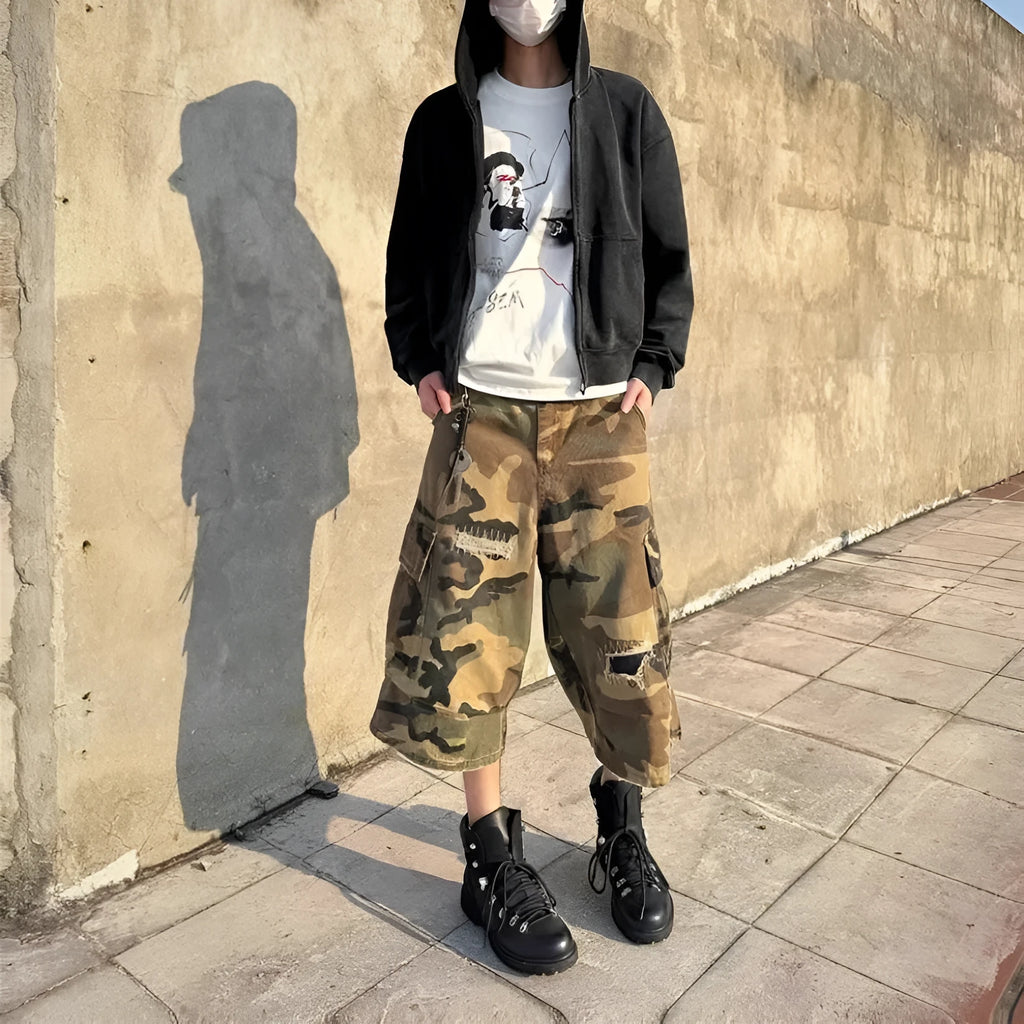 Men's camouflage cropped jeans with retro patch ripped detailing on straight cut loose fit