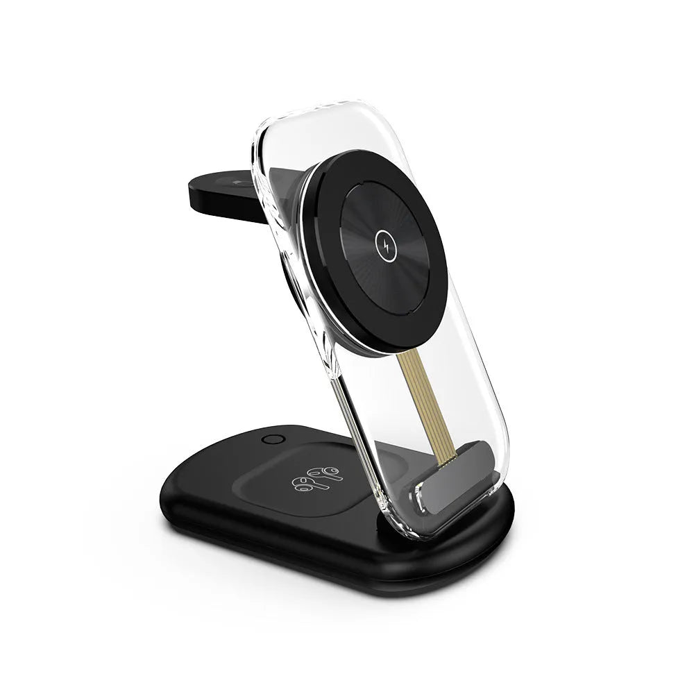 Transparent folding magnetic three-in-one wireless charger in black or white colour
