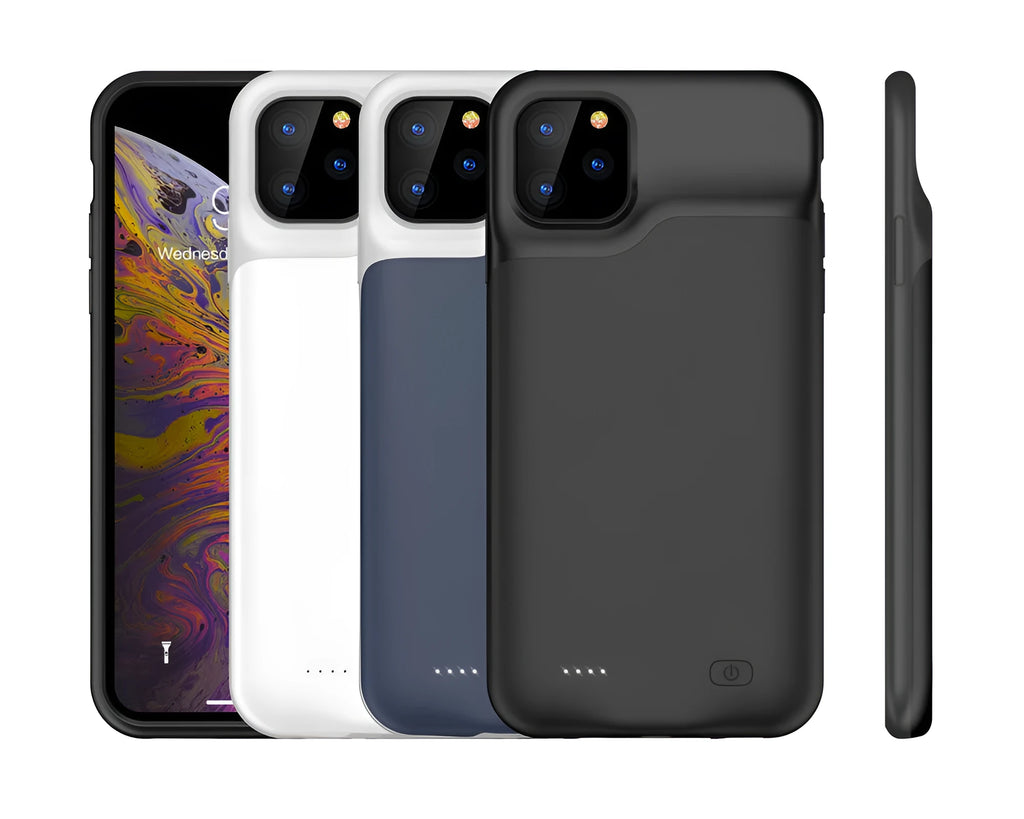 Shockproof silicone iPhone battery charger case in black, blue, pink, or white colours showing extended battery capacity.
