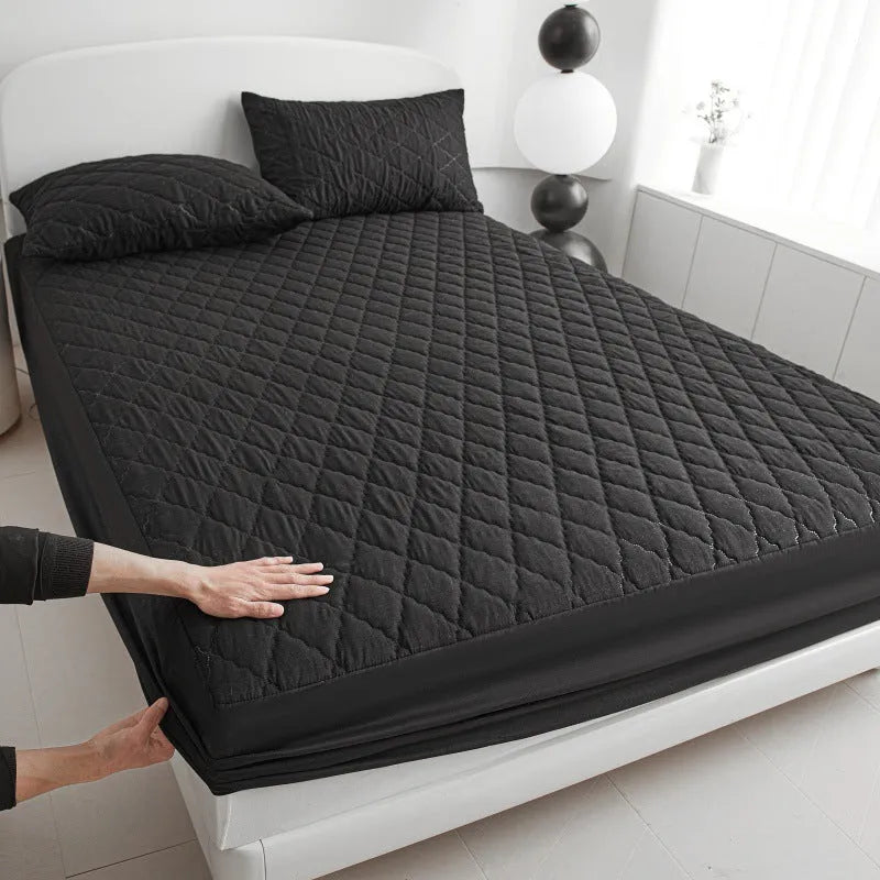 Diamond lattice quilted bamboo fibre waterproof mattress protector set with fitted sheet and pillowcases