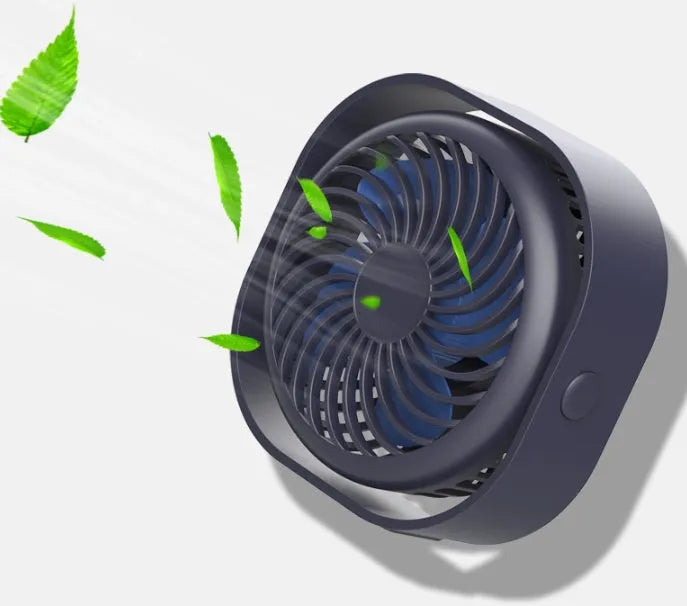 USB desk fan in blue colour with 360-degree rotation head and rotary switch, showing modern simple design.