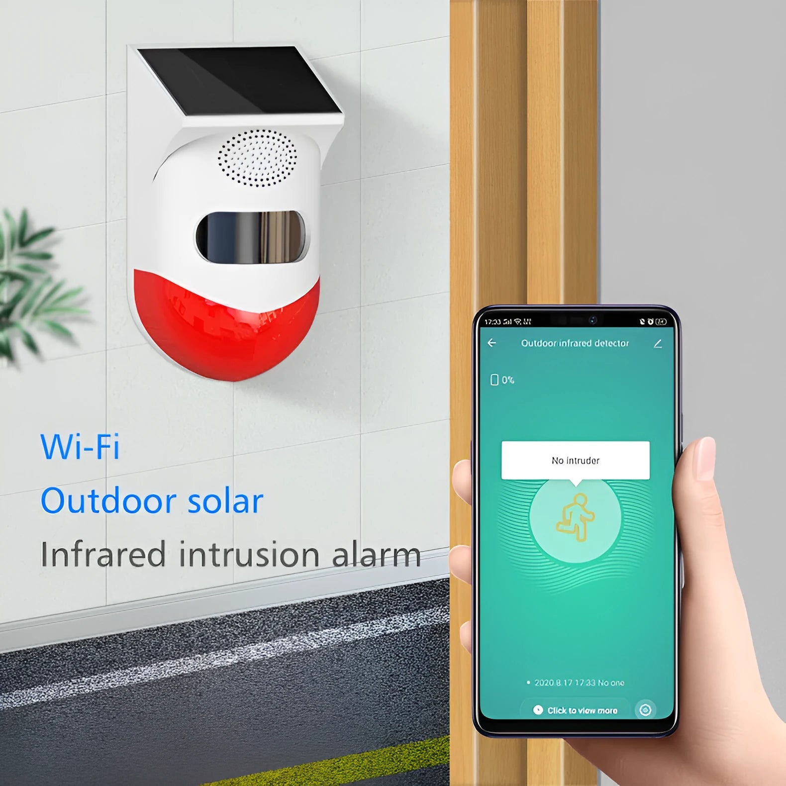 Solar-powered infrared motion detector alarm with wireless remote for outdoor security