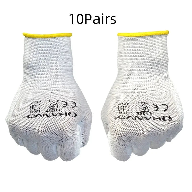 White PU-coated labour gloves showing flexible construction and 24 cm length