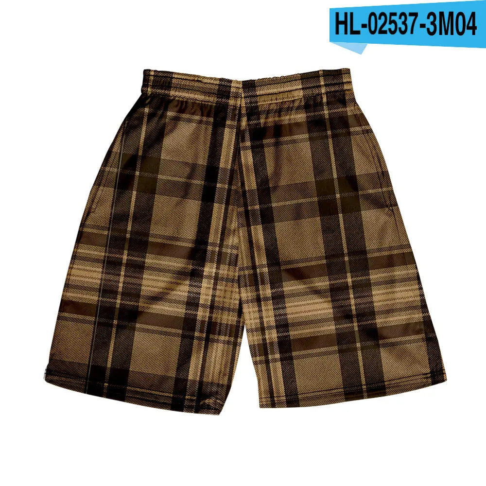 Men's plaid polyester shorts with elastic waistband in straight cut design