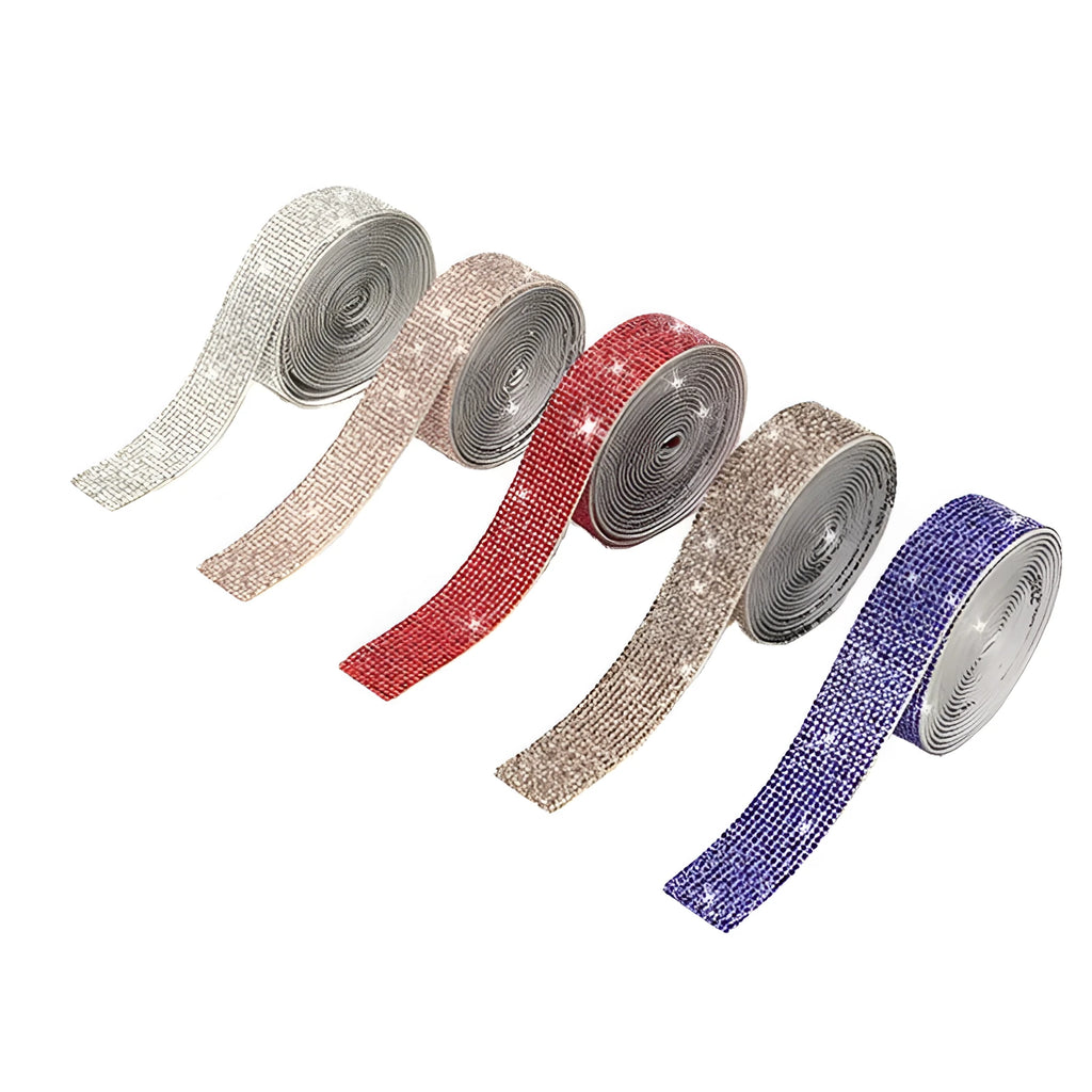 Self-adhesive glass water drill strip on a one-yard reel for shoe and clothing decoration.