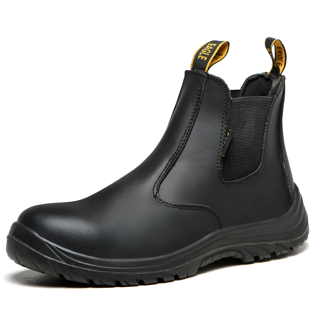 Black high-top leather safety work boots with anti-piercing soles on a plain background.
