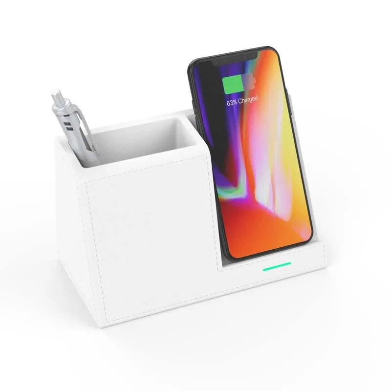 Leather pen holder wireless charger with phone charging on stand and pen storage compartments