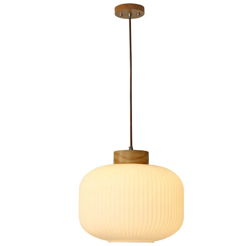 Nordic-style retro wooden pendant ceiling light with a natural wood finish, shown in a bedroom setting.