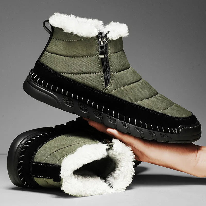 Men's plus size snow boot in blue with round toe and flat heel on a non-slip rubber sole.