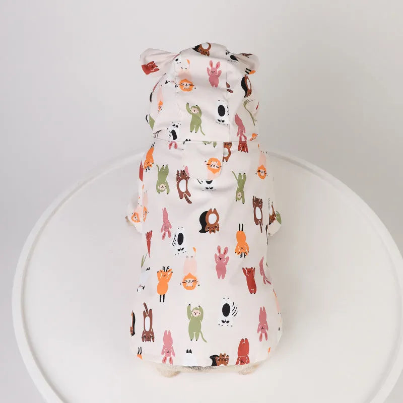 Beige cartoon dog raincoat with animal design and waterproof coating for wet weather protection
