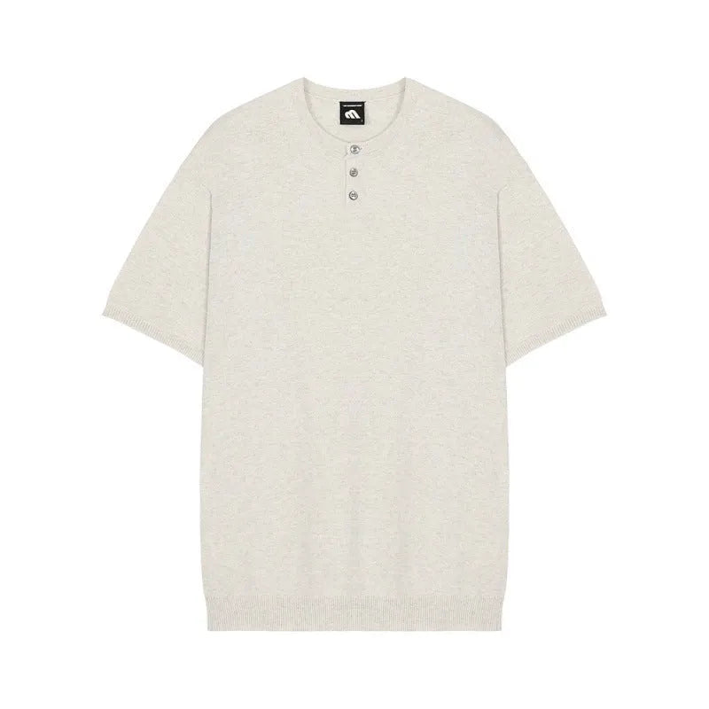 Men's slim-fit ice silk short-sleeved shirt in black, laid flat showing knitted texture and collar.