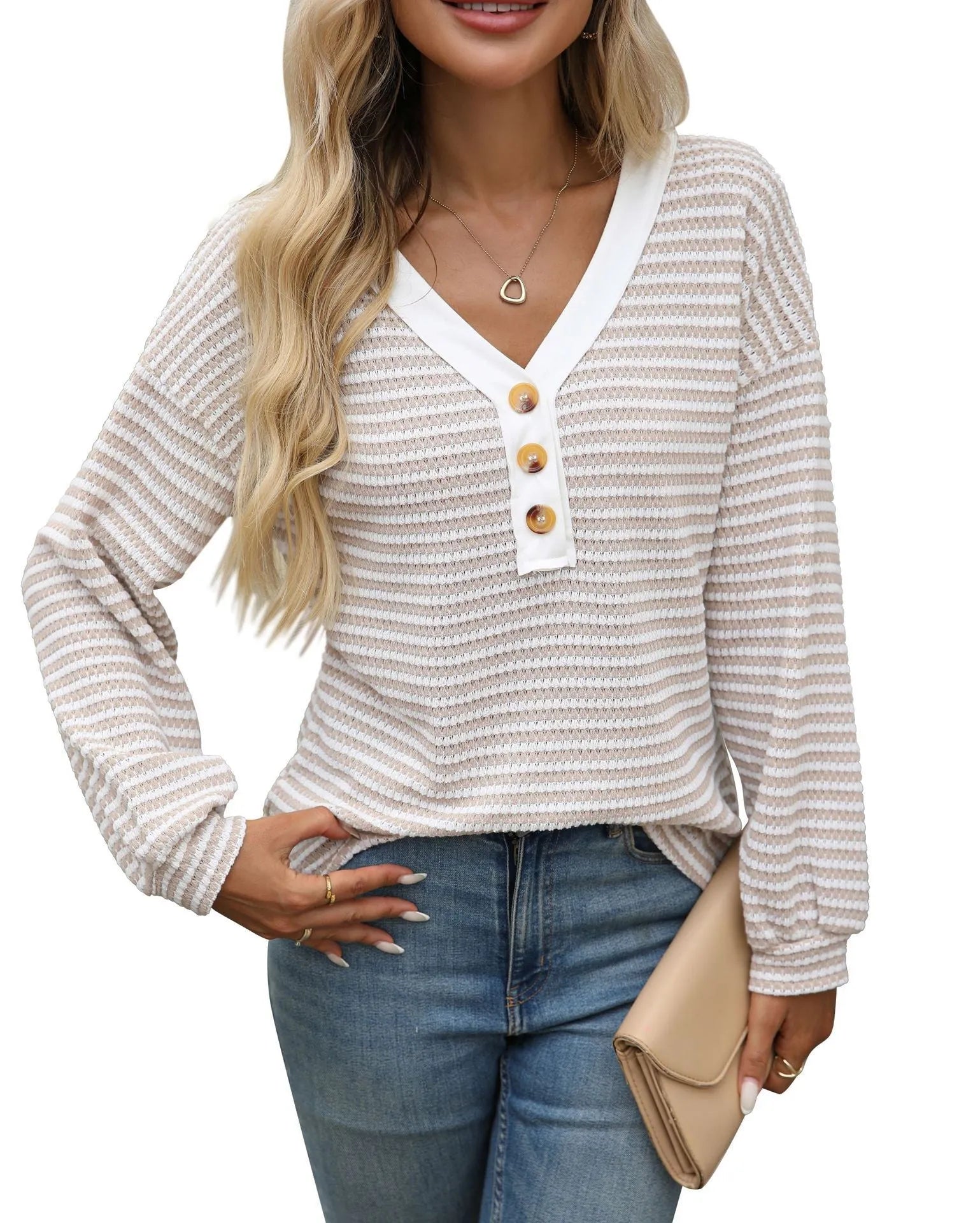 Women's V-neck patchwork pullover top in loose fit street fashion style