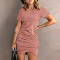 Women's hip irregular short sleeve dress in coloured cotton polyester with high waist design