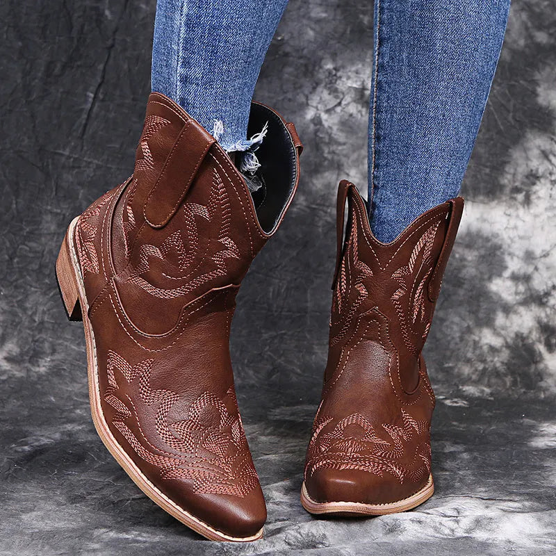 Women's blue embroidered cowboy boots with a wedge heel and pointed toe