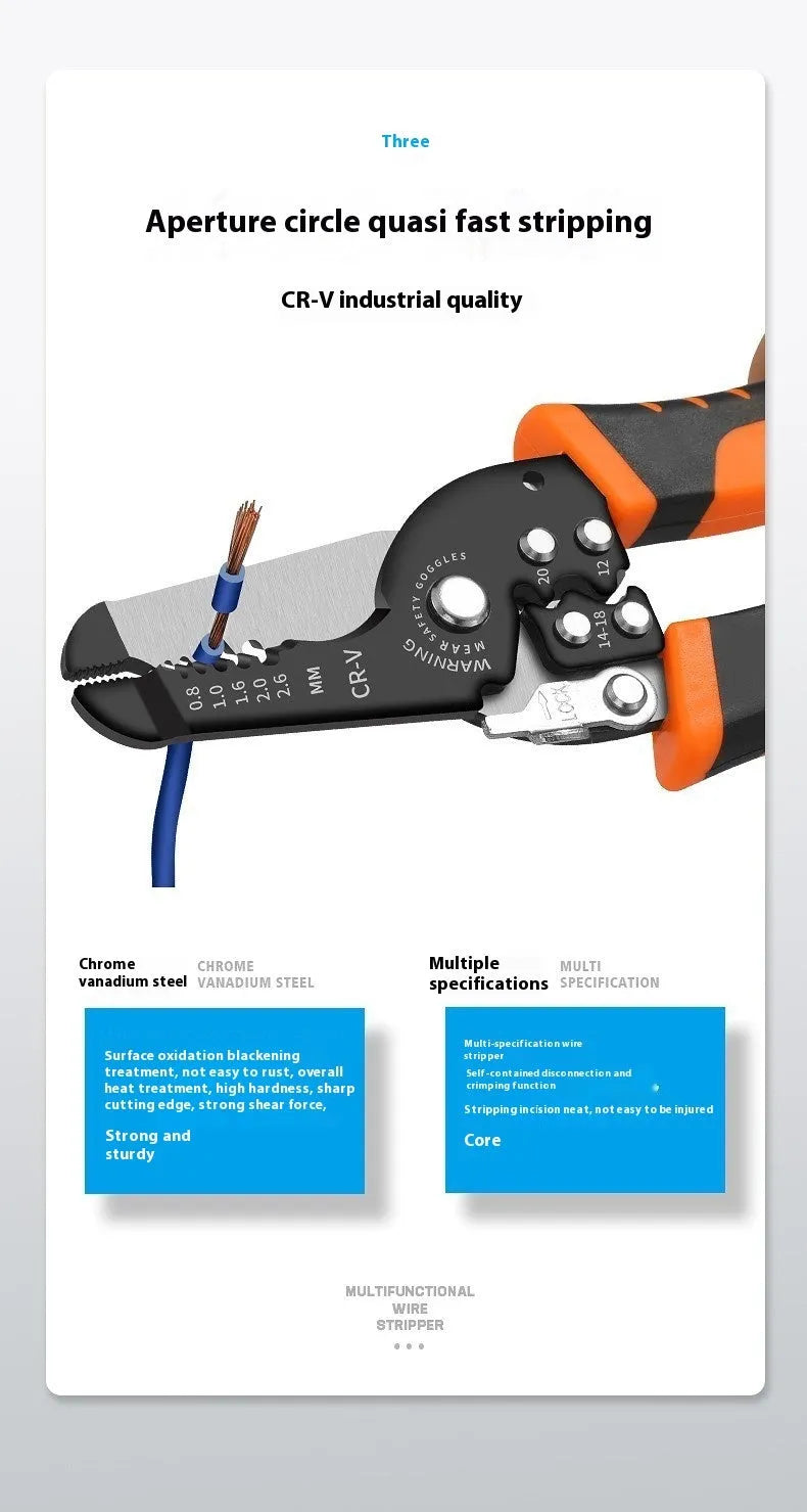 Automatic wire stripping pliers tool for electricians with steel construction