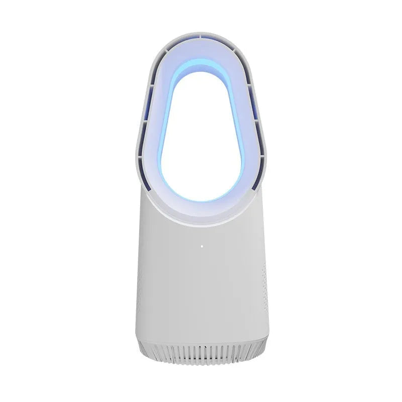 White SK bladeless tower fan standing on a floor, showing its sleek column design and touch control panel.