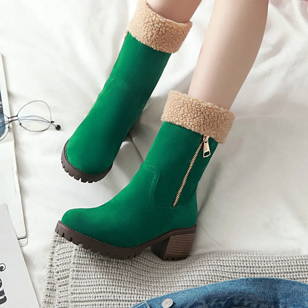 Waterproof snow boots with rubber soles and plush lining in black, grey, green, and orange colours