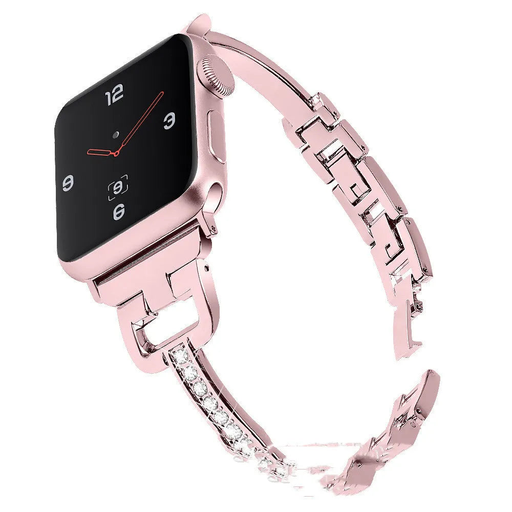 D-shaped metal diamond pattern strap for Apple Watch in silver, shown next to black and gold colour options.
