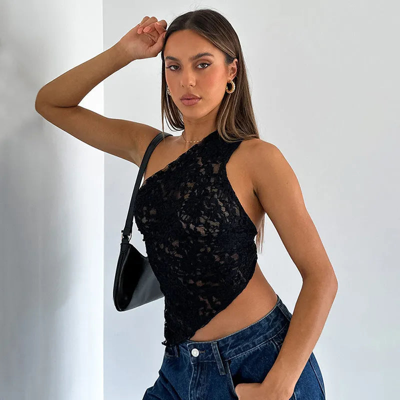 Women's slim-fit lace-back vest top with asymmetrical neckline in solid colour