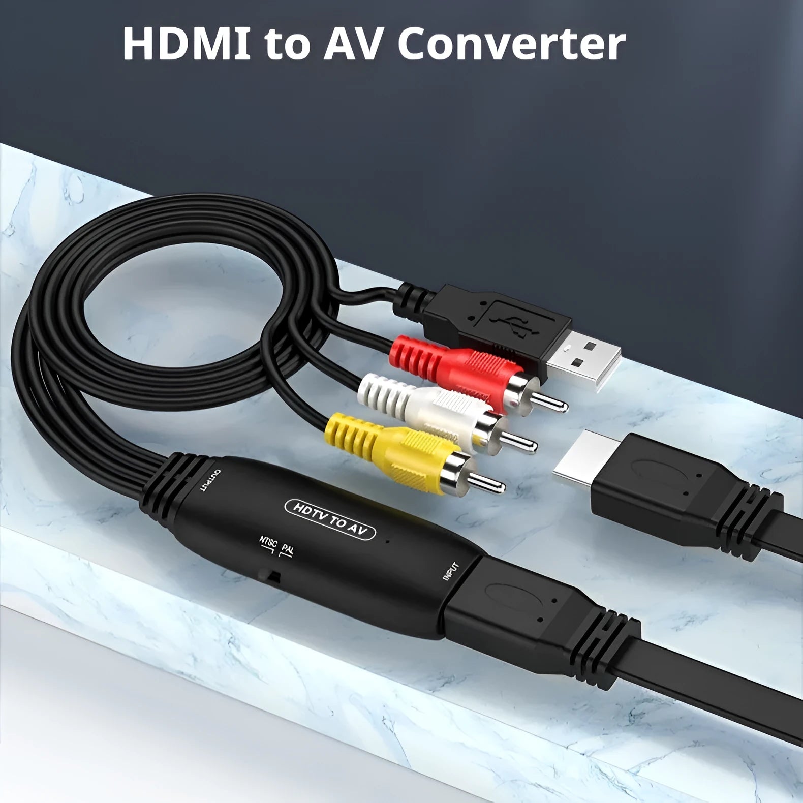 HDMI to AV converter adapter cable with 110cm length showing RCA connector and 2-terminal options