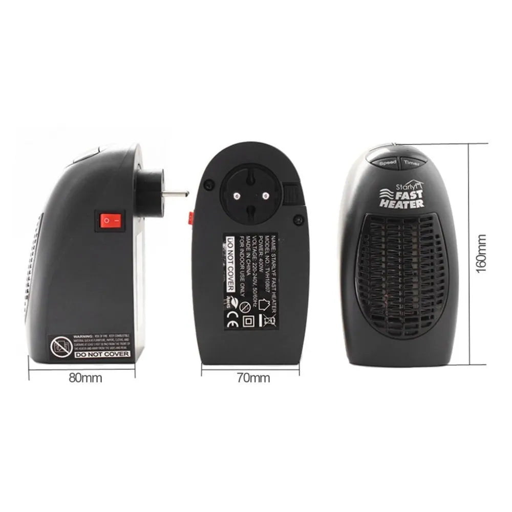 Black mini ceramic electric heater with digital display and rotating plug on white background