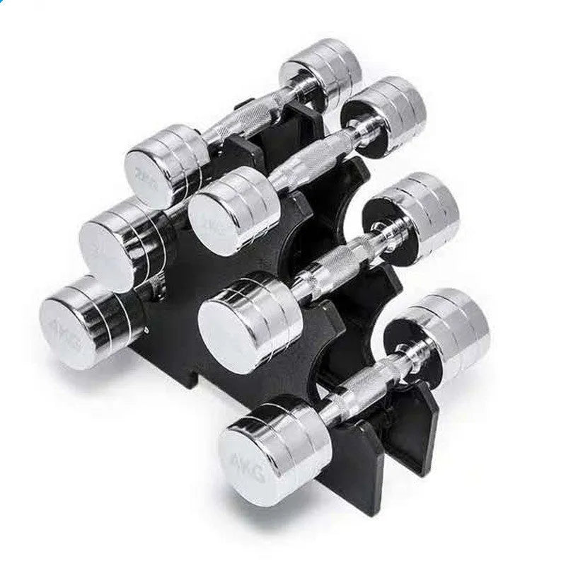 Silver pure steel electroplated dumbbell with ergonomic handle on a grey background.