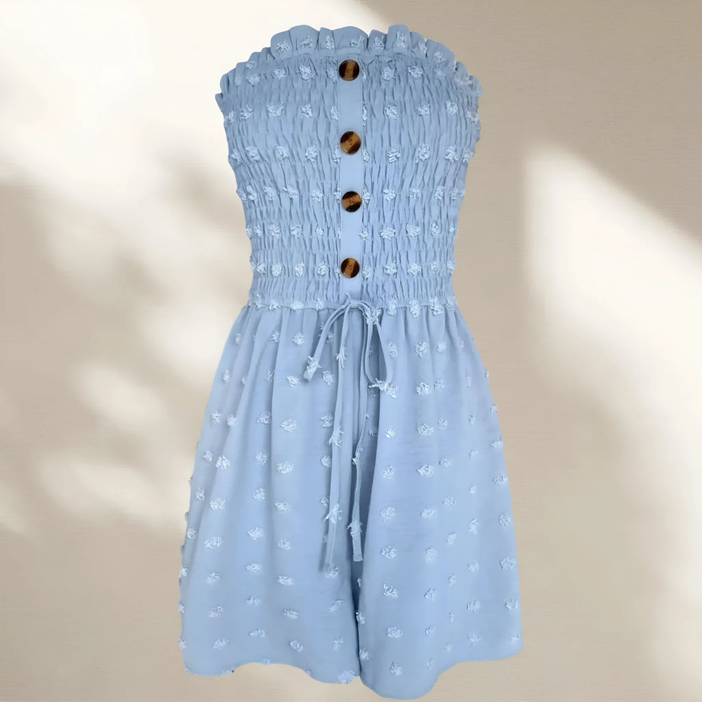 Women's solid colour off-shoulder sleeveless jumpsuit in blue showing Japanese Korean casual style with button detail