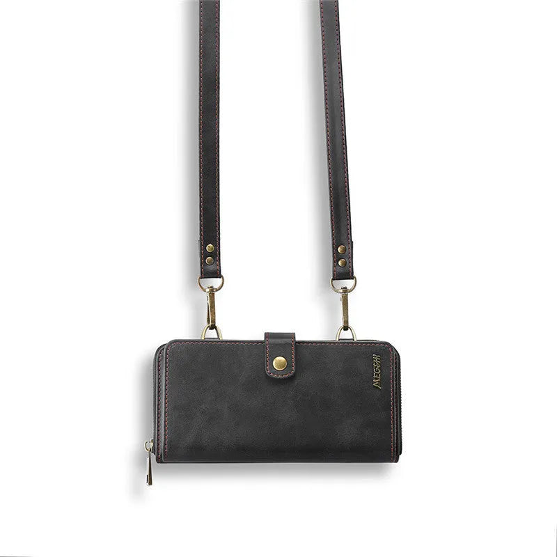 Black detachable magnetic wallet phone case shown open, compatible with Samsung and Apple phones.