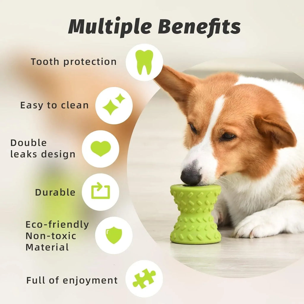 Natural rubber interactive treat dispensing dog chew toy in blue, green or purple