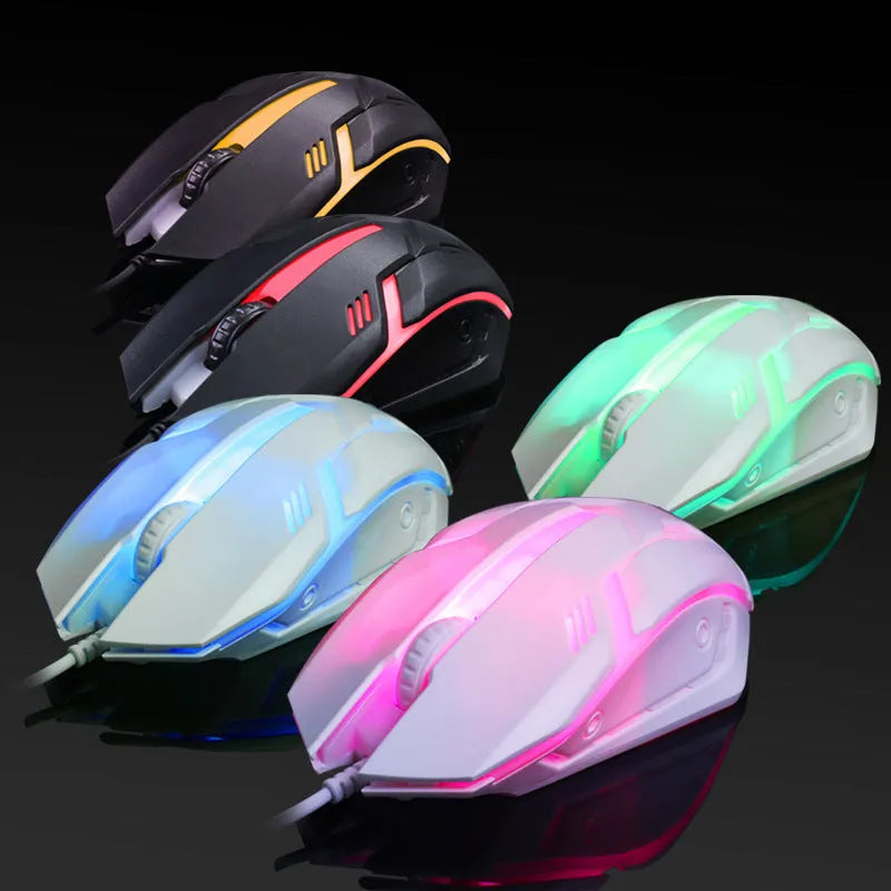 Wired black and white luminous computer mouse with USB cable on desktop